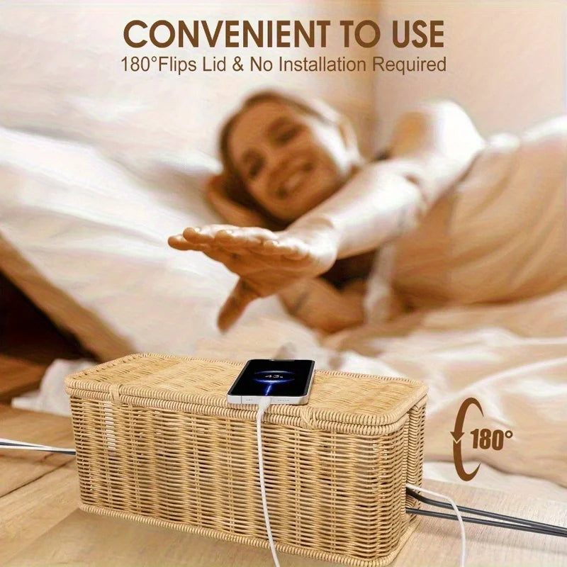 Hand-Woven Rattan Cable Organizer Box - Durable Multi-Compartment Cord Management Solution 4