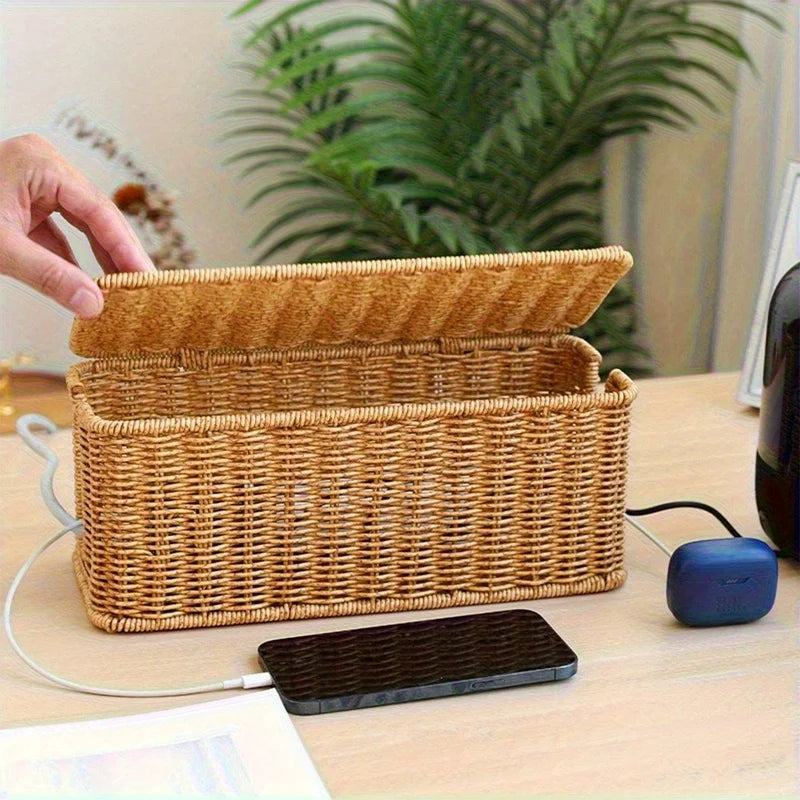 Hand-Woven Rattan Cable Organizer Box - Durable Multi-Compartment Cord Management Solution 5