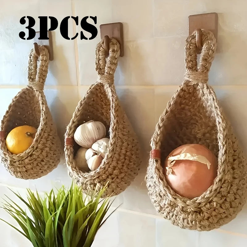Handmade Jute Hanging Baskets - 3-Piece Wall Storage for Fruits & Vegetables 0