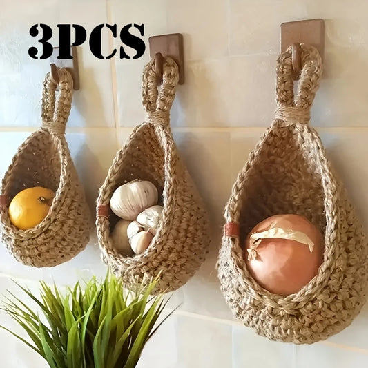 Handmade Jute Hanging Baskets - 3-Piece Wall Storage for Fruits & Vegetables 0