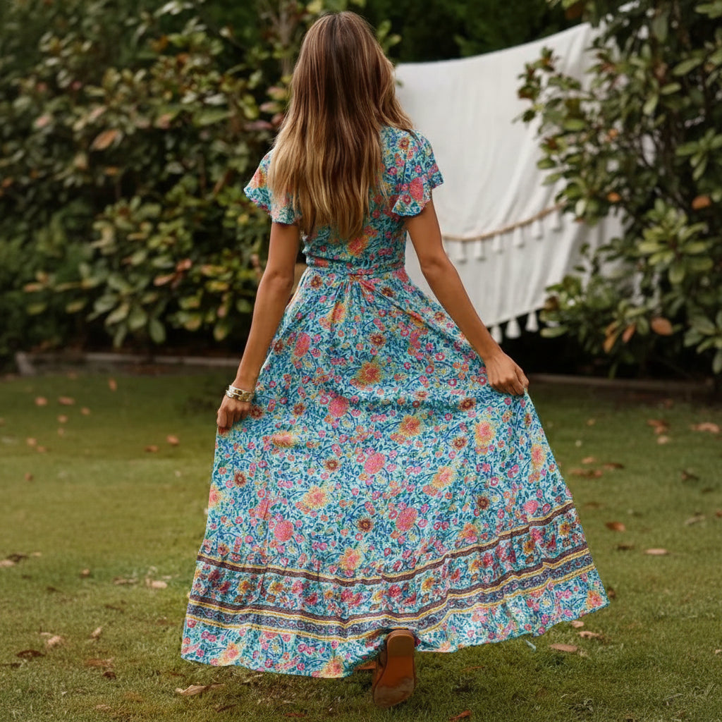 Happie Queens - Floral Print Bohemian Maxi Dress with Bat Sleeves 1