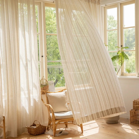 Linen Sheer Curtains for Living Room - Vertical Stripes, Wabi Sabi Design 0