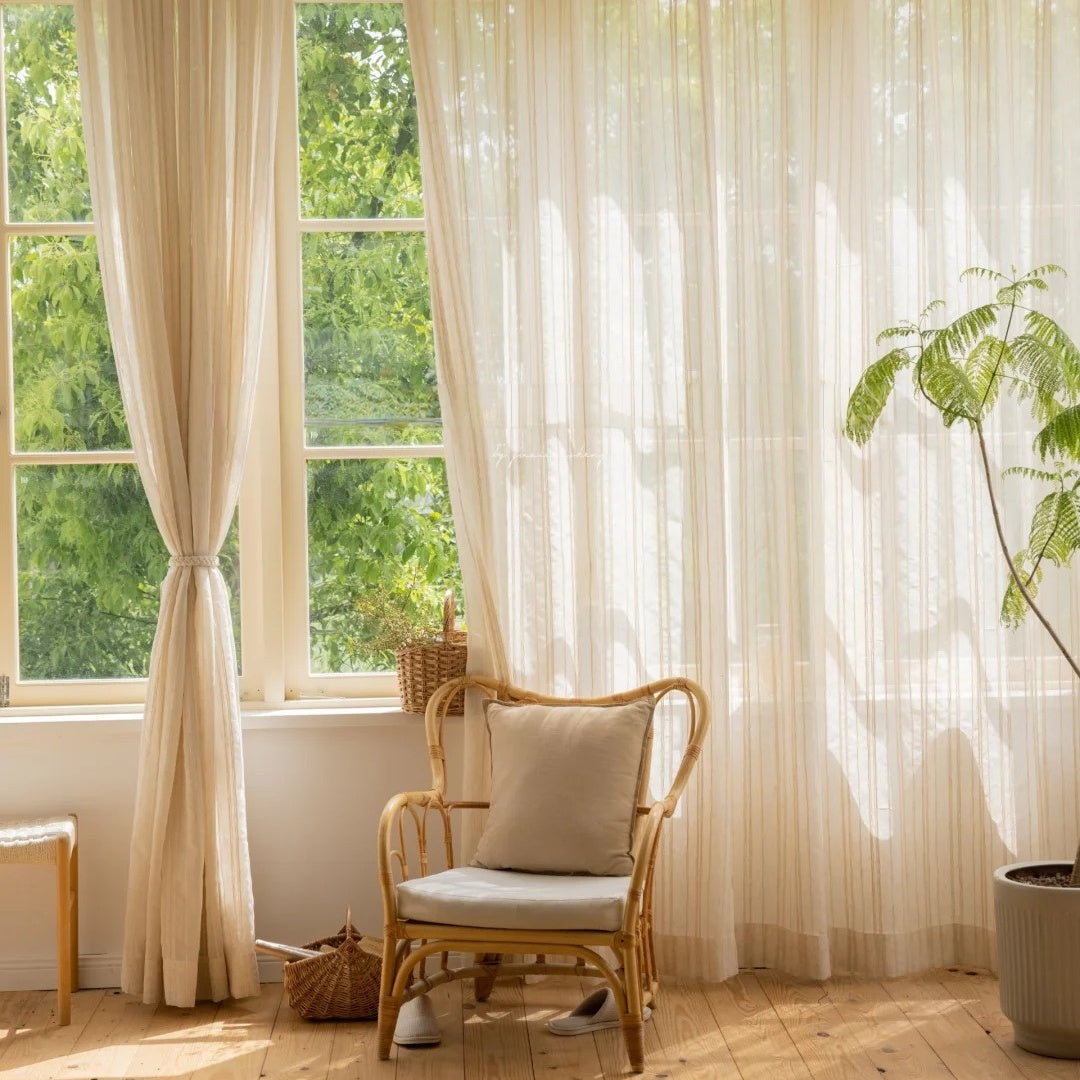 Linen Sheer Curtains for Living Room - Vertical Stripes, Wabi Sabi Design 1