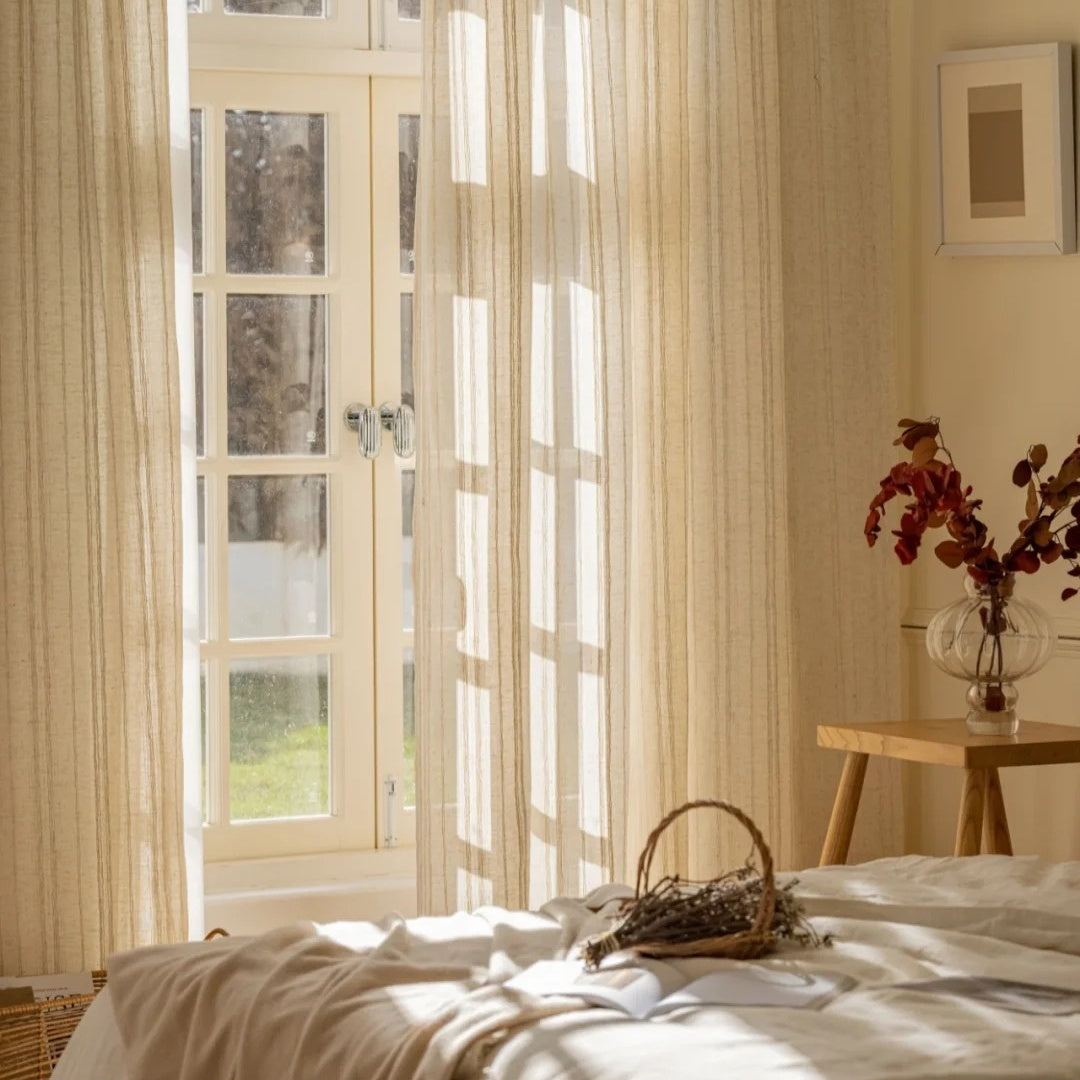 Linen Sheer Curtains for Living Room - Vertical Stripes, Wabi Sabi Design 3