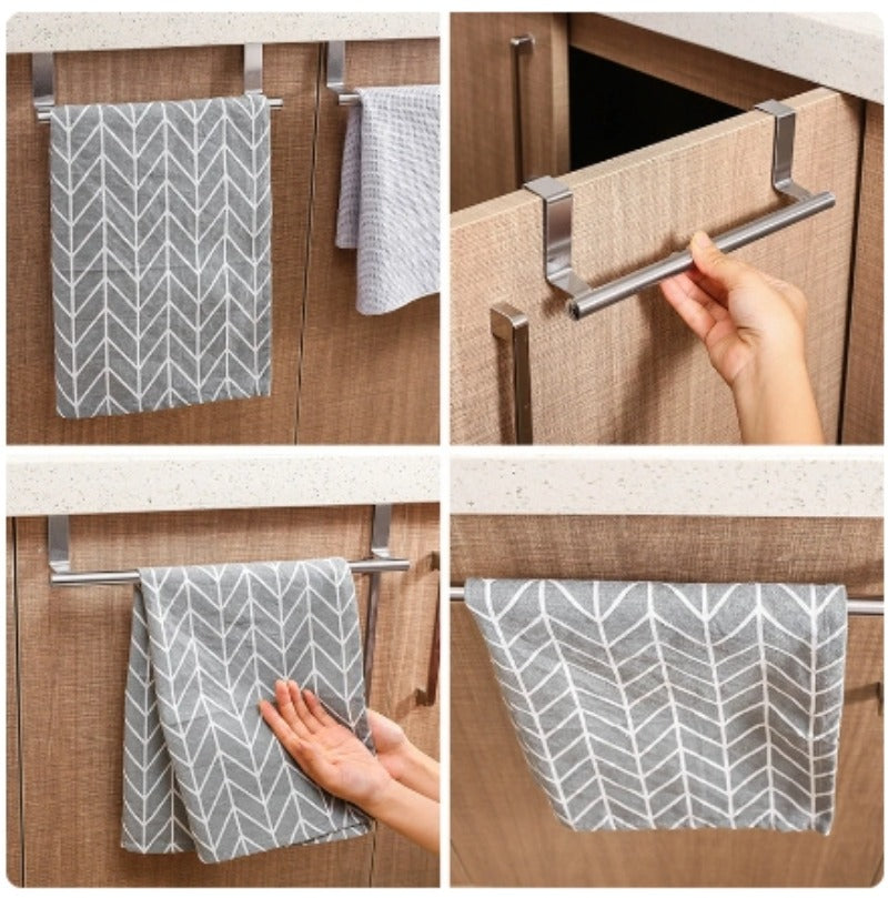 DOOR TOWEL BAR – Stainless steel over-the-door towel rack designed for space-saving storage in kitchen and bathroom use