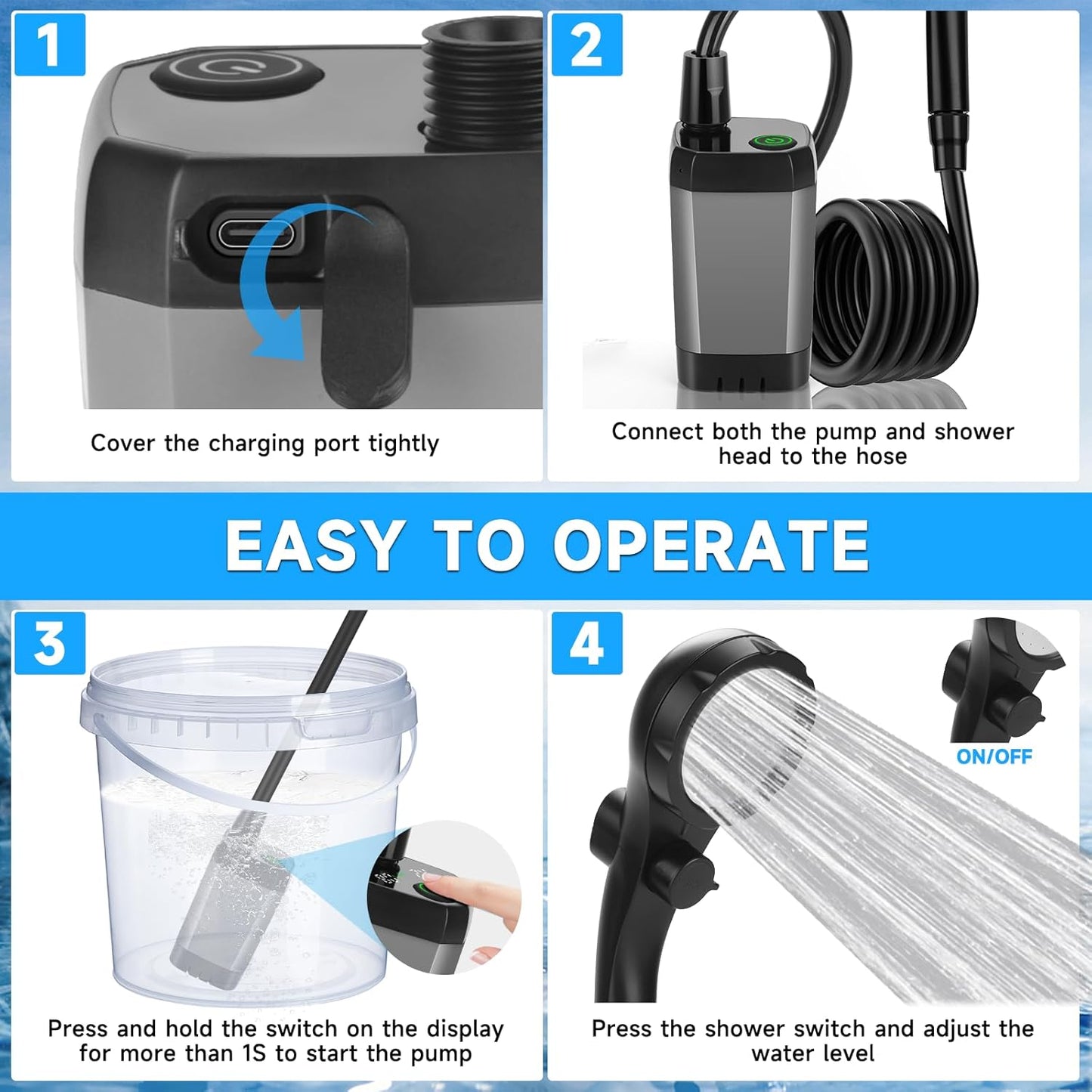 AQUAFLOWX – Pompe de douche portable pour camping avec affichage numérique
