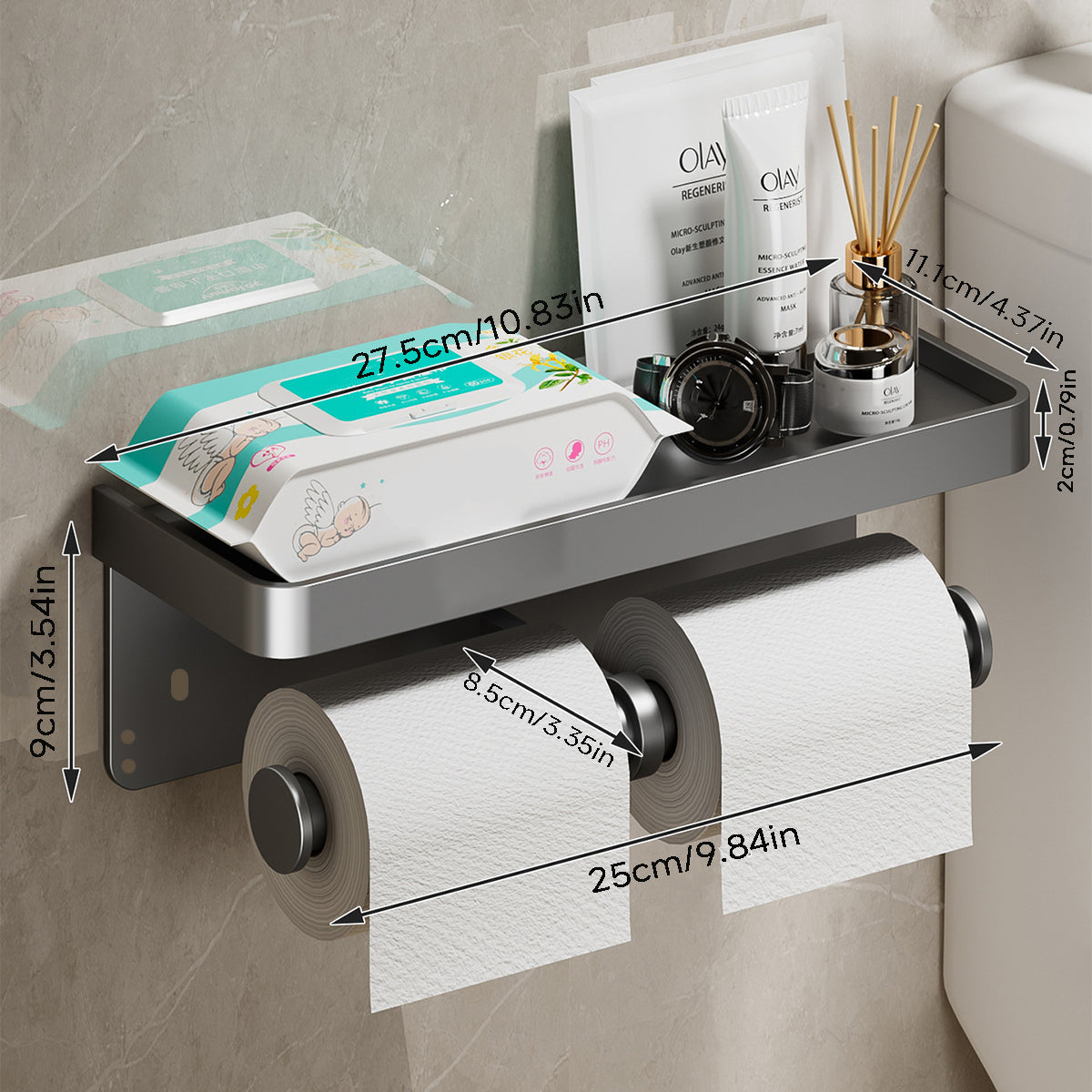 TOILET ROLL - Wall-mounted aluminum toilet paper holder with storage drawer design