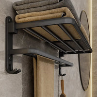 Matte Black Folding Towel Rack - Space-Saving Wall-Mounted Holder with Hook 0