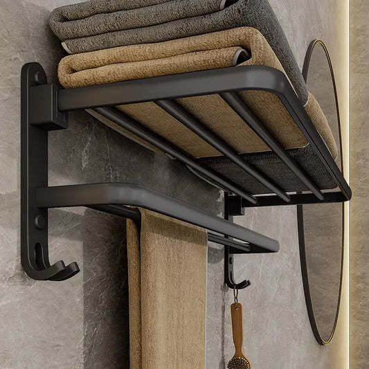 Matte Black Folding Towel Rack - Space-Saving Wall-Mounted Holder with Hook 0