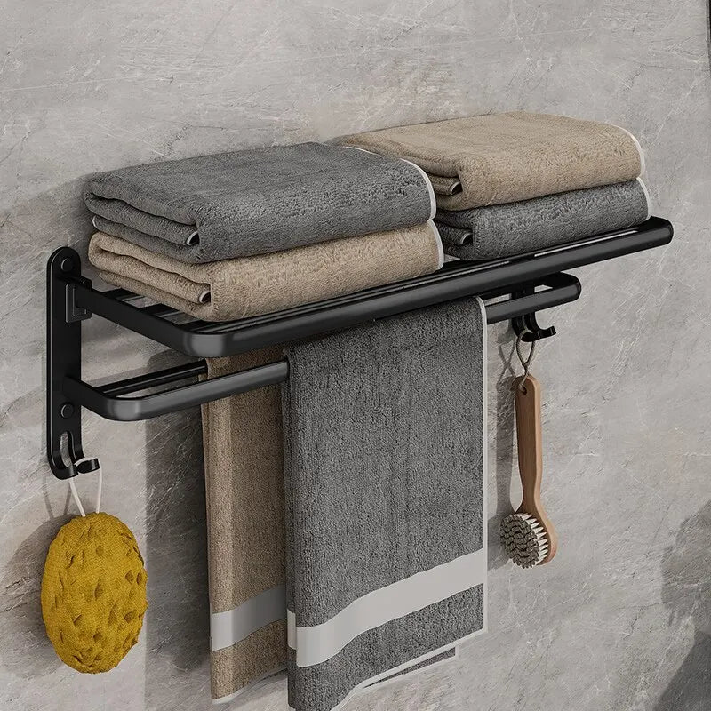 Matte Black Folding Towel Rack - Space-Saving Wall-Mounted Holder with Hook 1