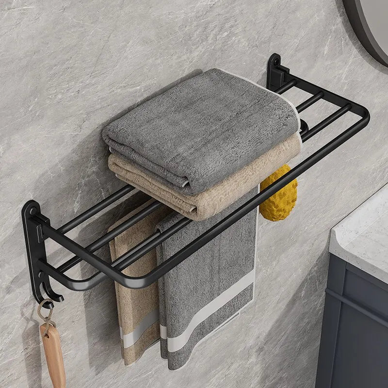 Matte Black Folding Towel Rack - Space-Saving Wall-Mounted Holder with Hook 2