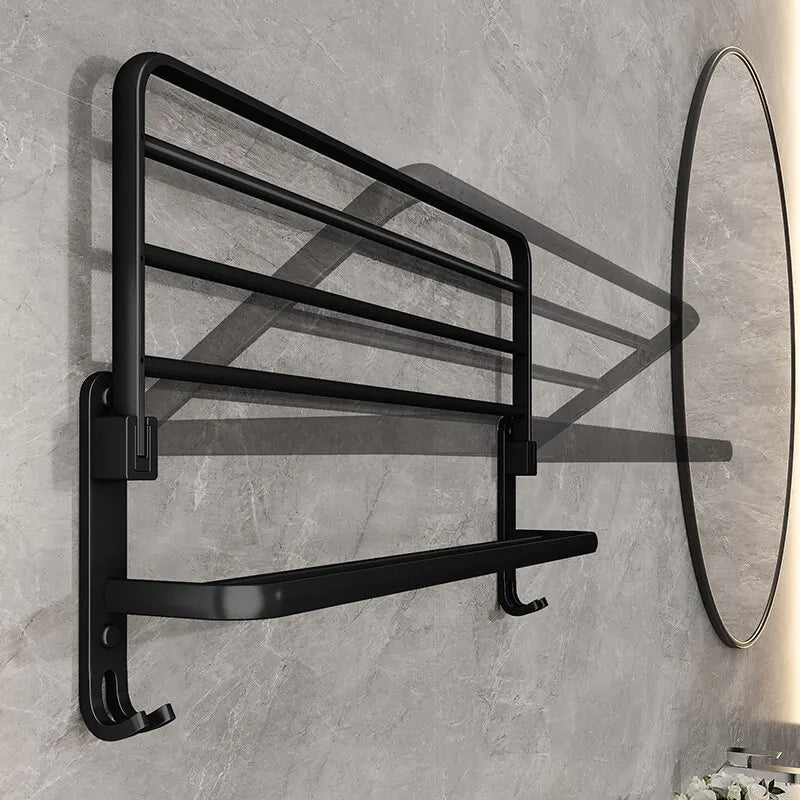 Matte Black Folding Towel Rack - Space-Saving Wall-Mounted Holder with Hook 3