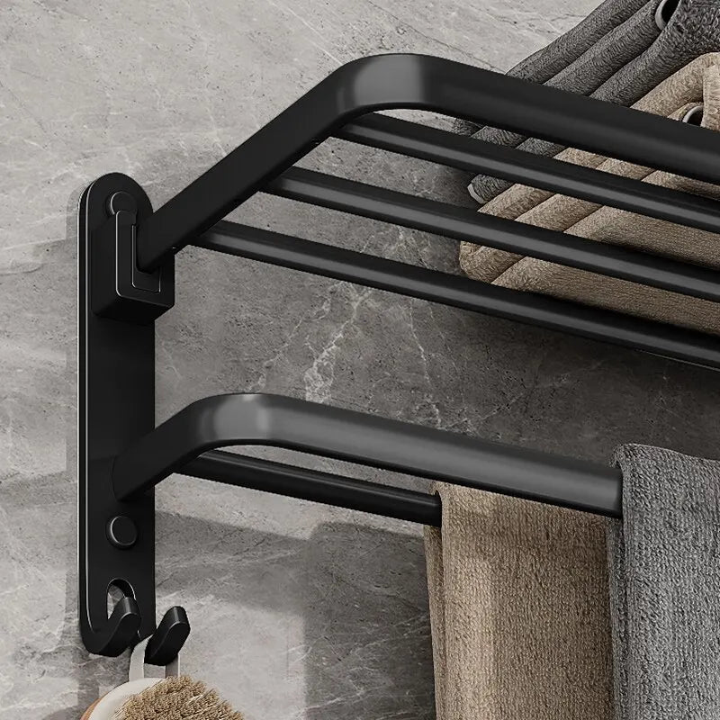 Matte Black Folding Towel Rack - Space-Saving Wall-Mounted Holder with Hook 4