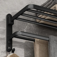 Matte Black Folding Towel Rack - Space-Saving Wall-Mounted Holder with Hook 4