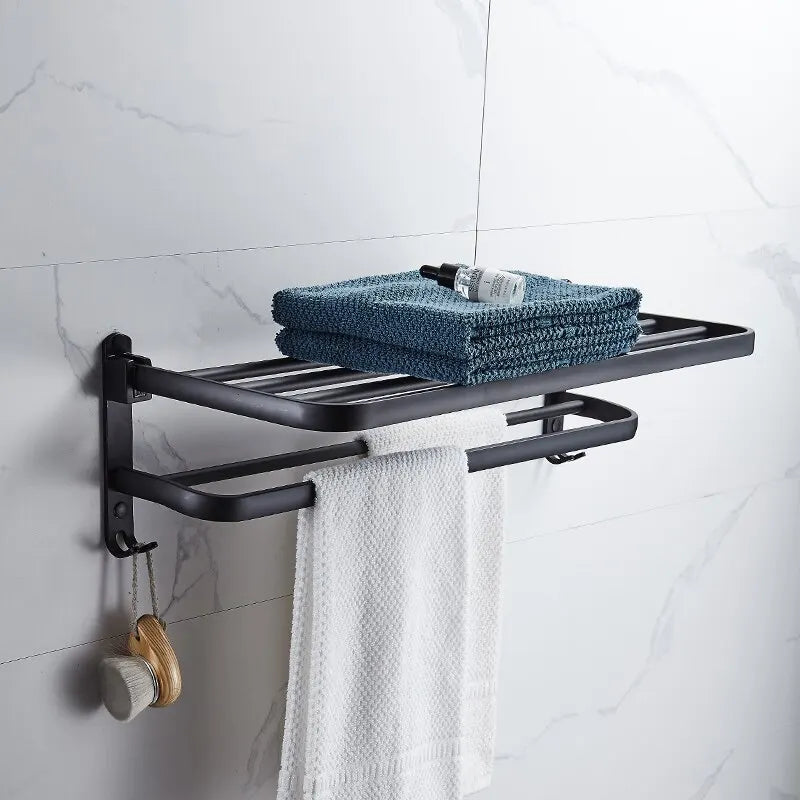 Matte Black Folding Towel Rack - Space-Saving Wall-Mounted Holder with Hook 6