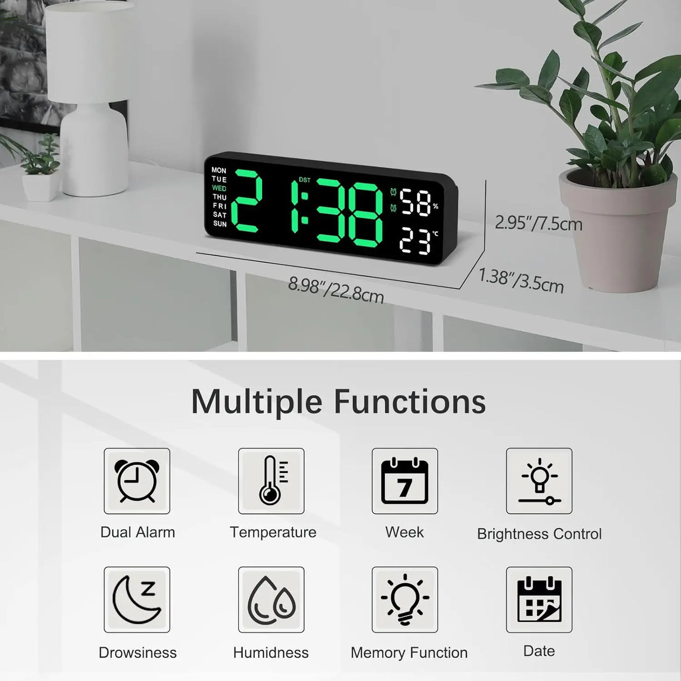 Modern LED Wall Clock with Alarm & Thermometer - Minimalist Home Decor 2
