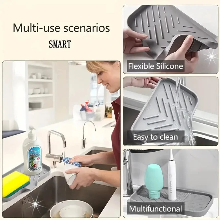 Multifunctional Gray Dish Drain Mat - Anti-Slip Kitchen Dry Mat for Sponges and Brushes 4
