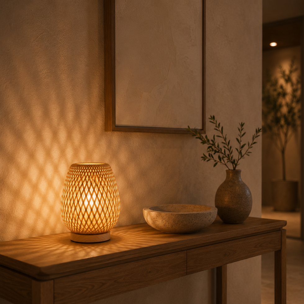 BAMBUVORA – Lampada da tavolo in bambù intrecciato a mano per un’illuminazione morbida e accogliente