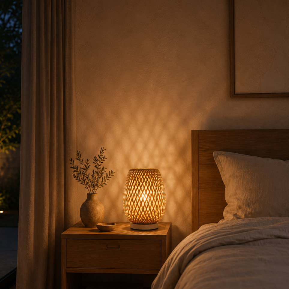 BAMBUVORA – Lampada da tavolo in bambù intrecciato a mano per un’illuminazione morbida e accogliente