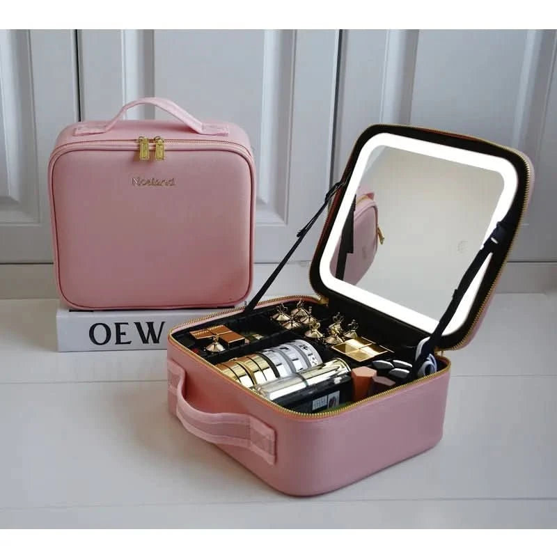 Portable Makeup Bag with LED Mirror & Adjustable Brightness - Travel Cosmetic Bag Organizer 0