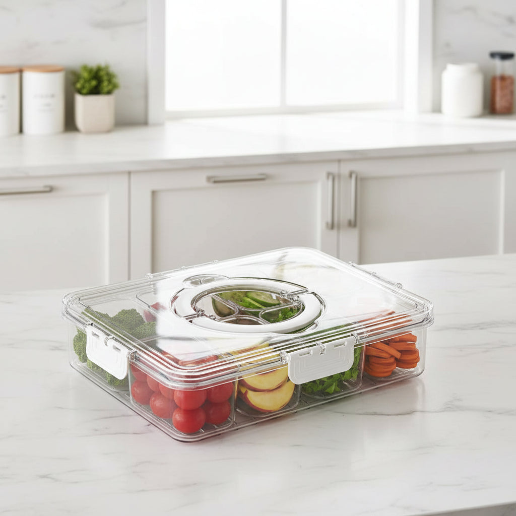 Portable Snack Tray with Lid & Handle - Divided Organizer for Fruits, Nuts, Candy 6