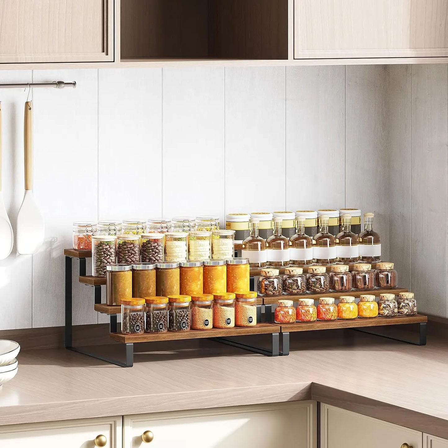 Rustic 4-Tier Wall Mounted Spice Rack Organizer - Space-Saving Kitchen Storage 1