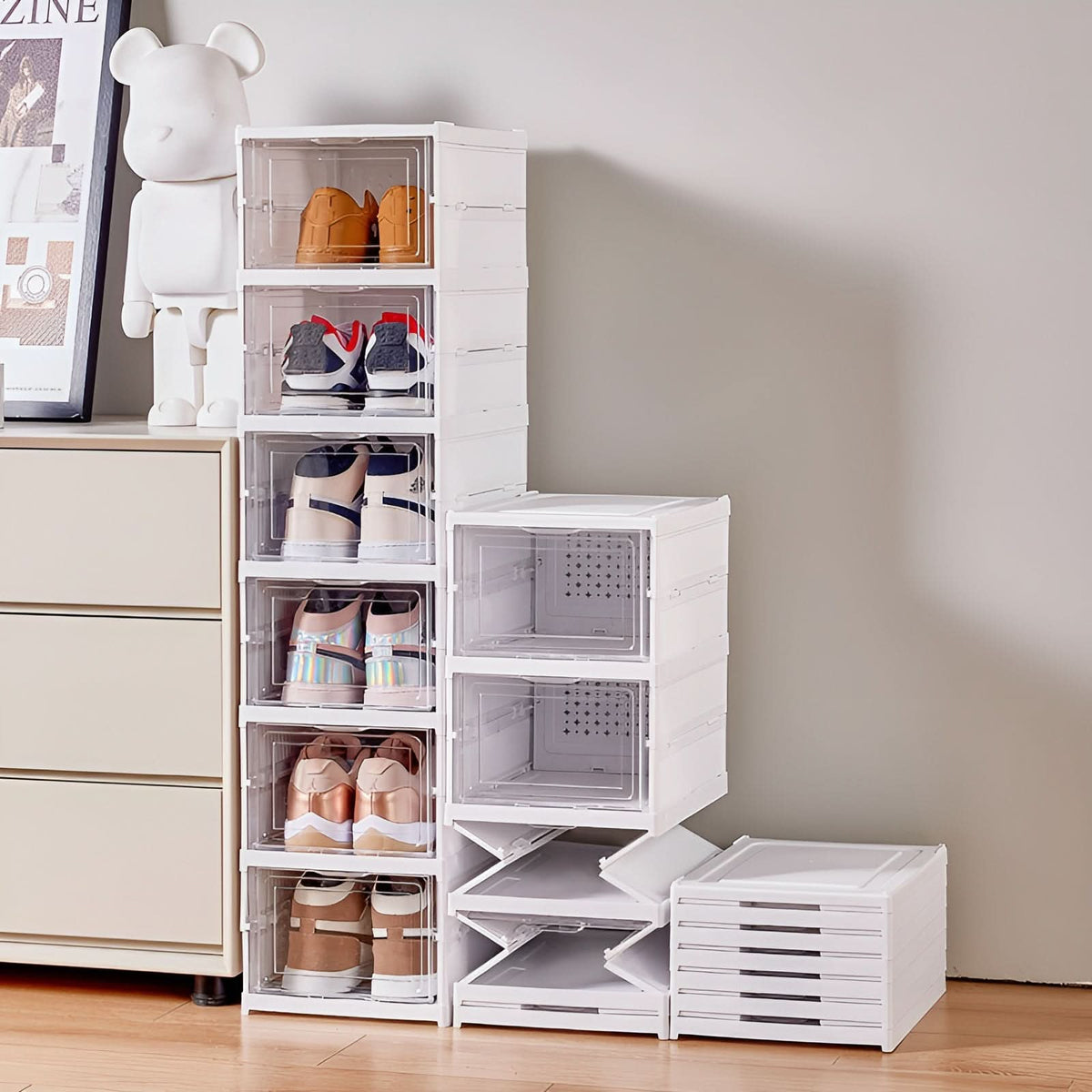 Schuhaufbewahrungsschrank | Transparente stapelbare Schuhboxen | Klarer platzsparender Schuhorganizer