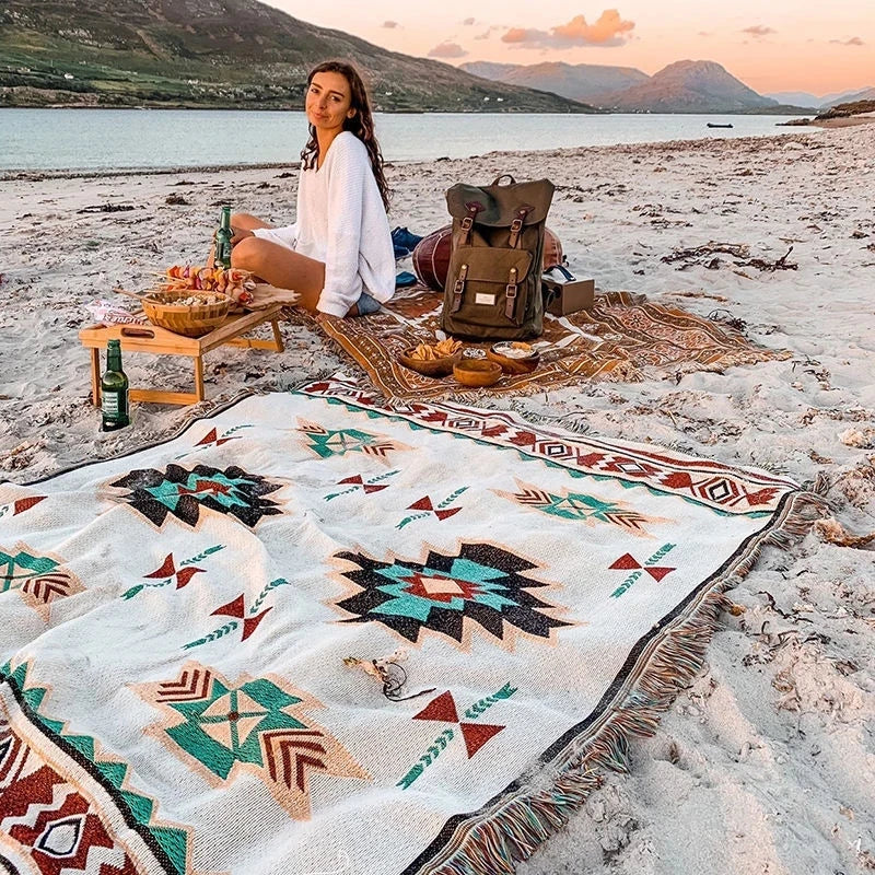 MEXIBREEZE – Couverture bohème en lin pour voyage et canapé