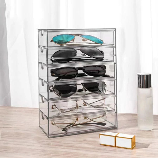 SHADELIVA – Soporte acrílico para exhibición de gafas de sol con cajones de almacenamiento