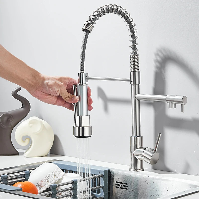 Stylish Chrome Kitchen Faucet with Pull Down Dual Swivel Spout - Best Kitchen Sink Faucets 9