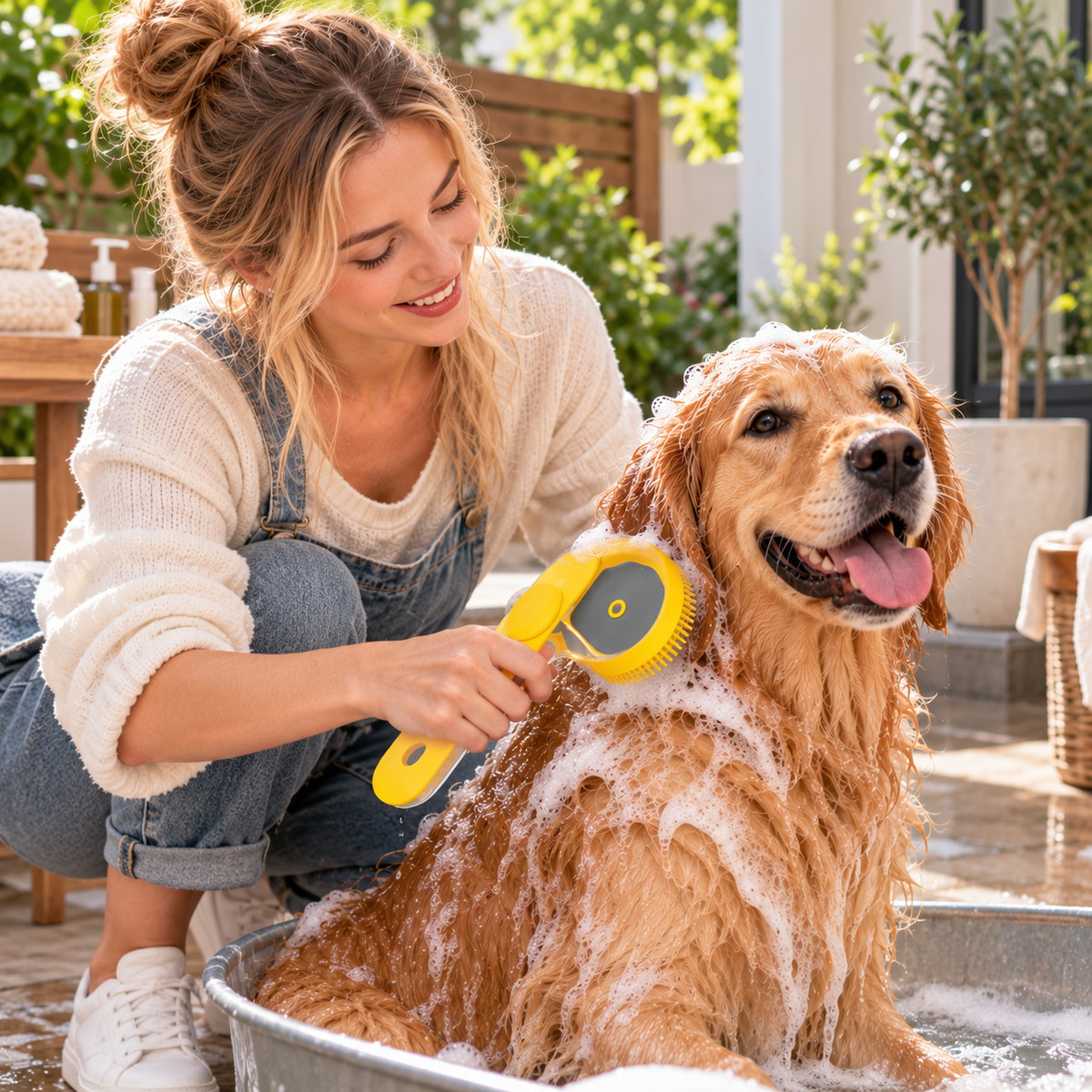 SUDSNESTA – Cepillo de baño para mascotas con dispensador de champú incorporado