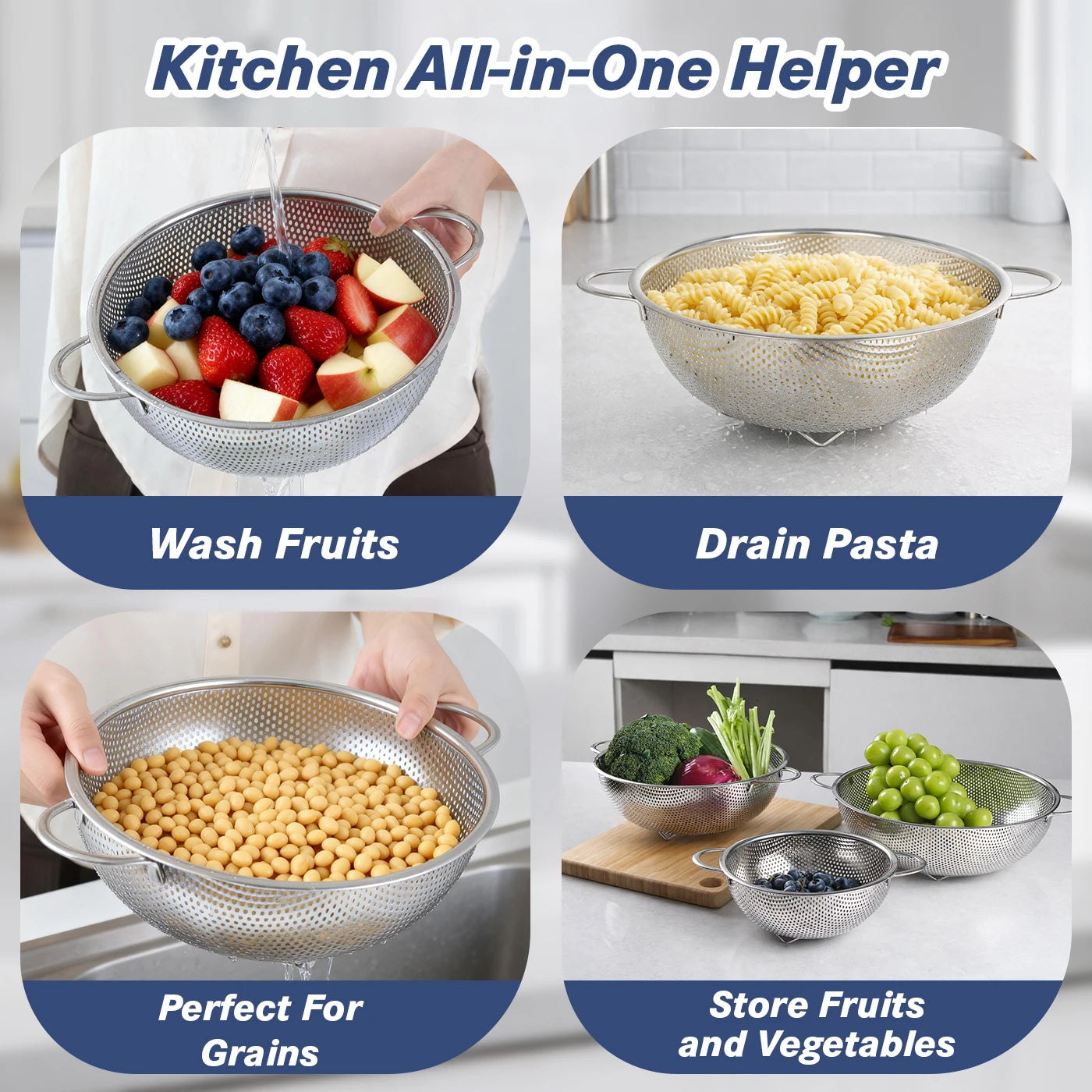 TastyWay - Stainless Steel Colander Set, Durable Kitchen Strainer for Pasta & Vegetables 4