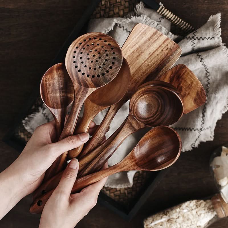 TeakCraft - Premium Teak Wood Kitchen Utensil Set with Spatula & Serving Spoons 1