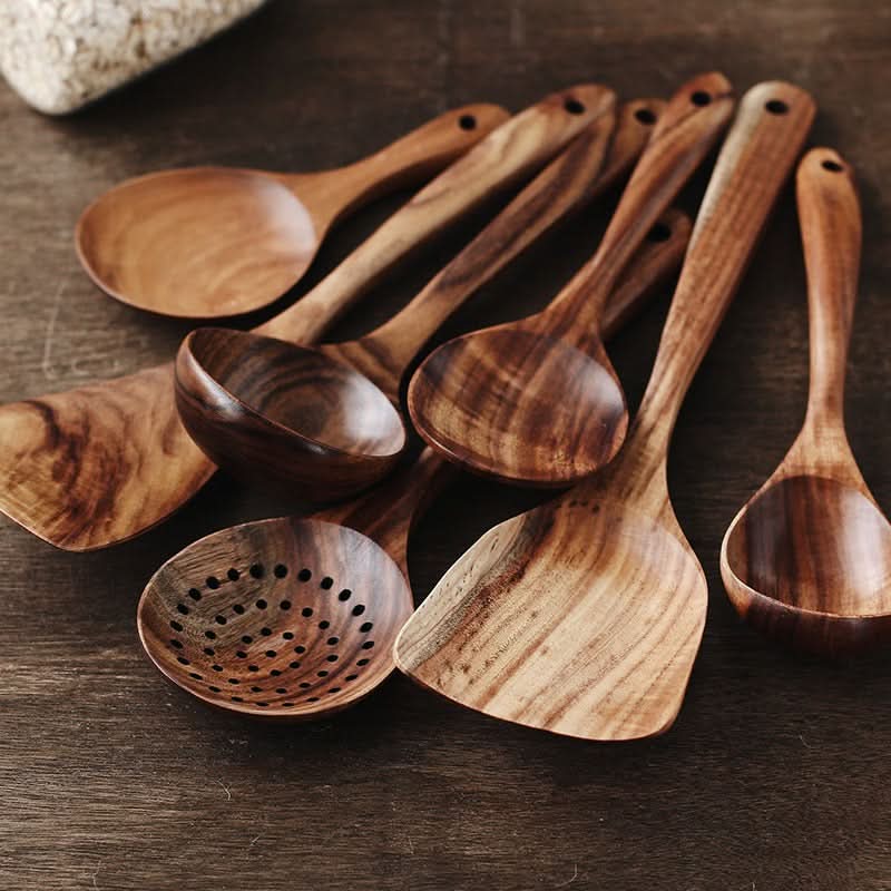 TeakCraft - Premium Teak Wood Kitchen Utensil Set with Spatula & Serving Spoons 5