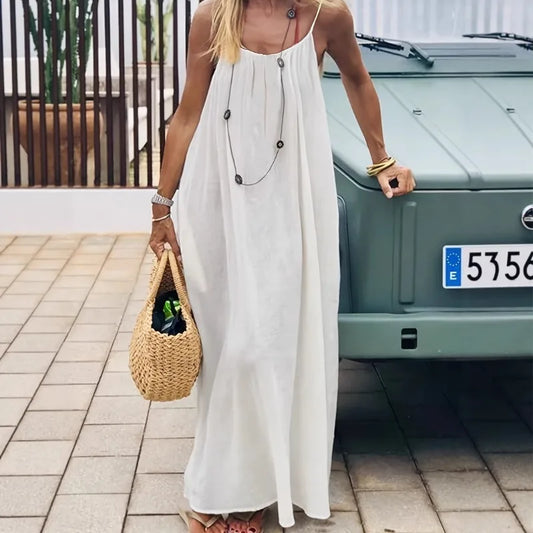 Trendy Solid Color Loose-Fit Spaghetti Strap Summer Dress for Women 0