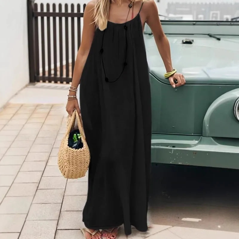 Trendy Solid Color Loose-Fit Spaghetti Strap Summer Dress for Women 2