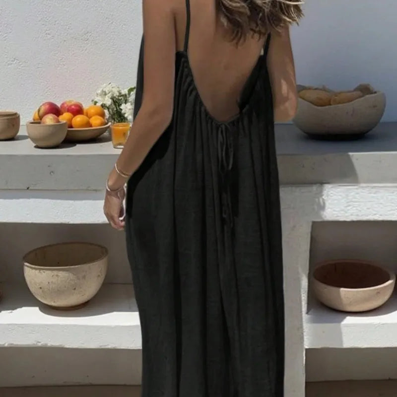 Trendy Solid Color Loose-Fit Spaghetti Strap Summer Dress for Women 3