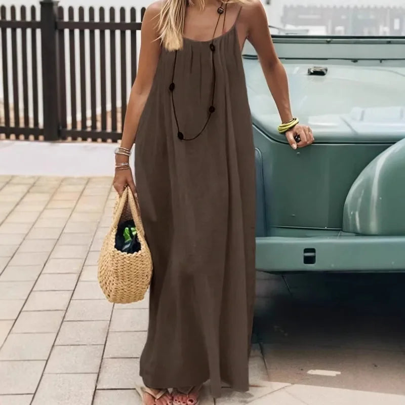 Trendy Solid Color Loose-Fit Spaghetti Strap Summer Dress for Women 4