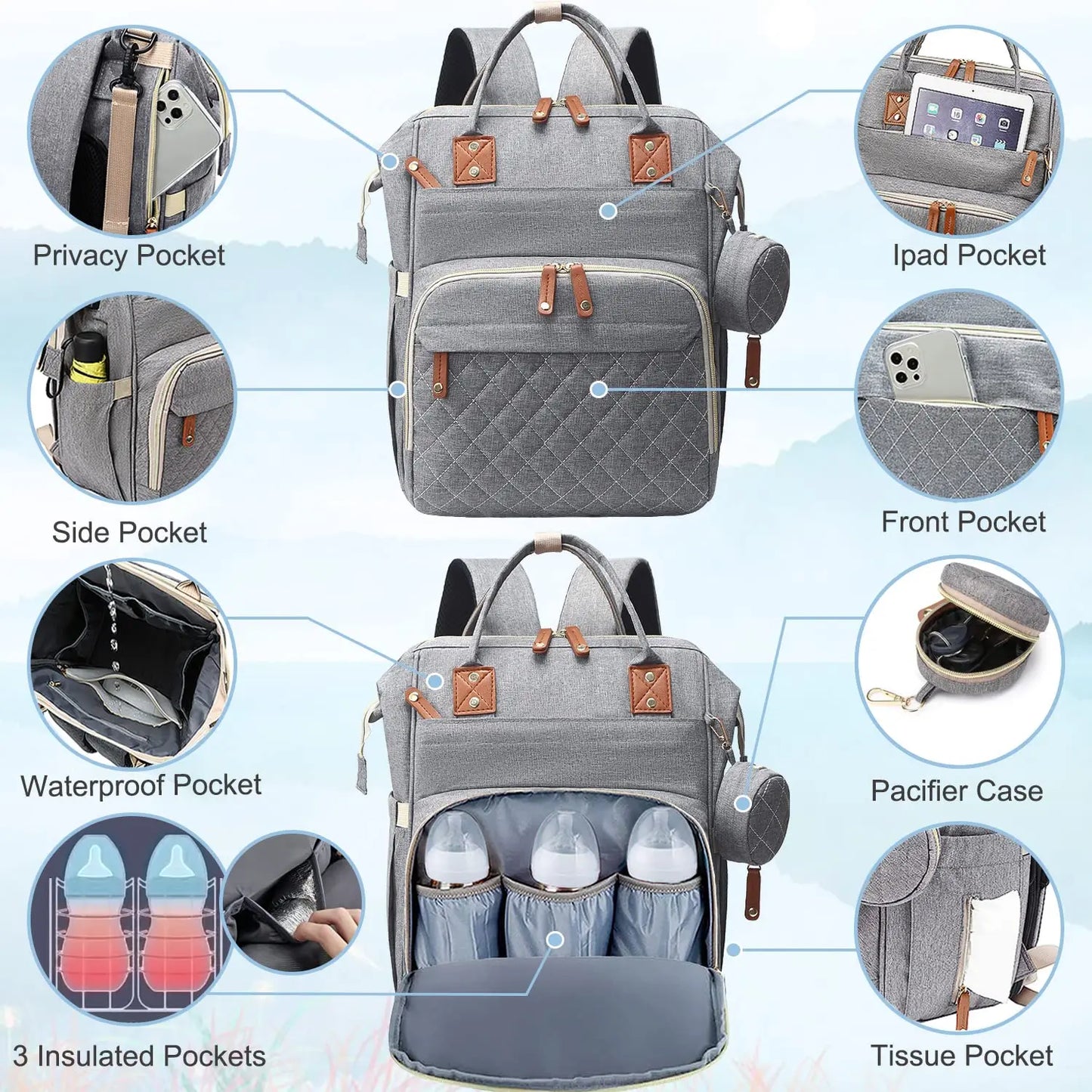 Versatile Diaper Bag Backpack with Changing Pad & Pacifier Case for Parents 2