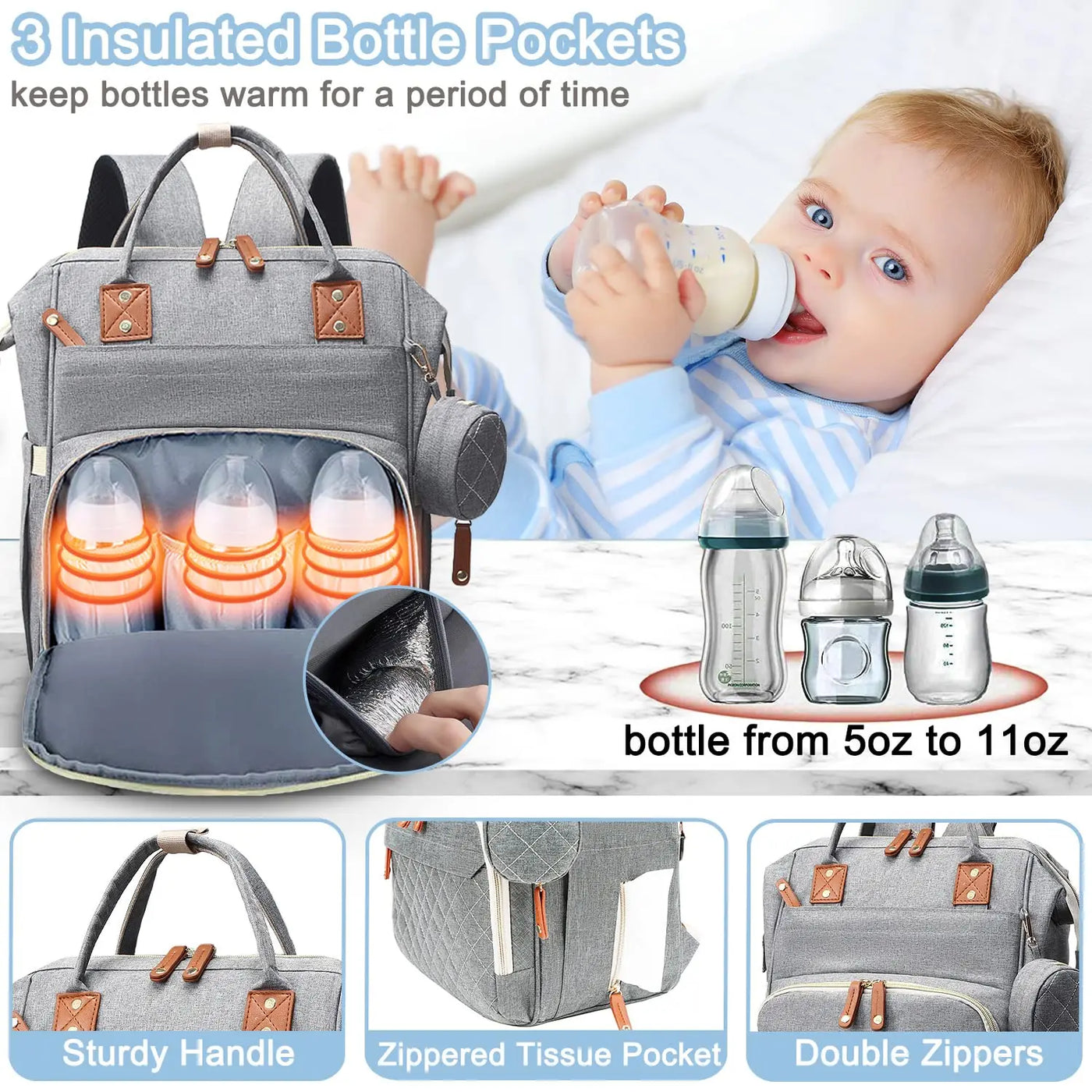 Versatile Diaper Bag Backpack with Changing Pad & Pacifier Case for Parents 3