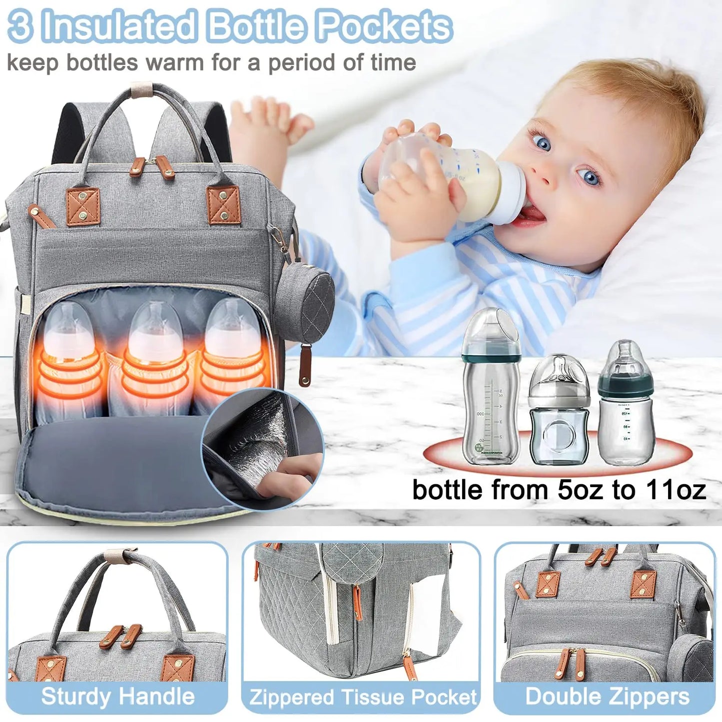 Versatile Diaper Bag Backpack with Changing Pad & Pacifier Case for Parents 3