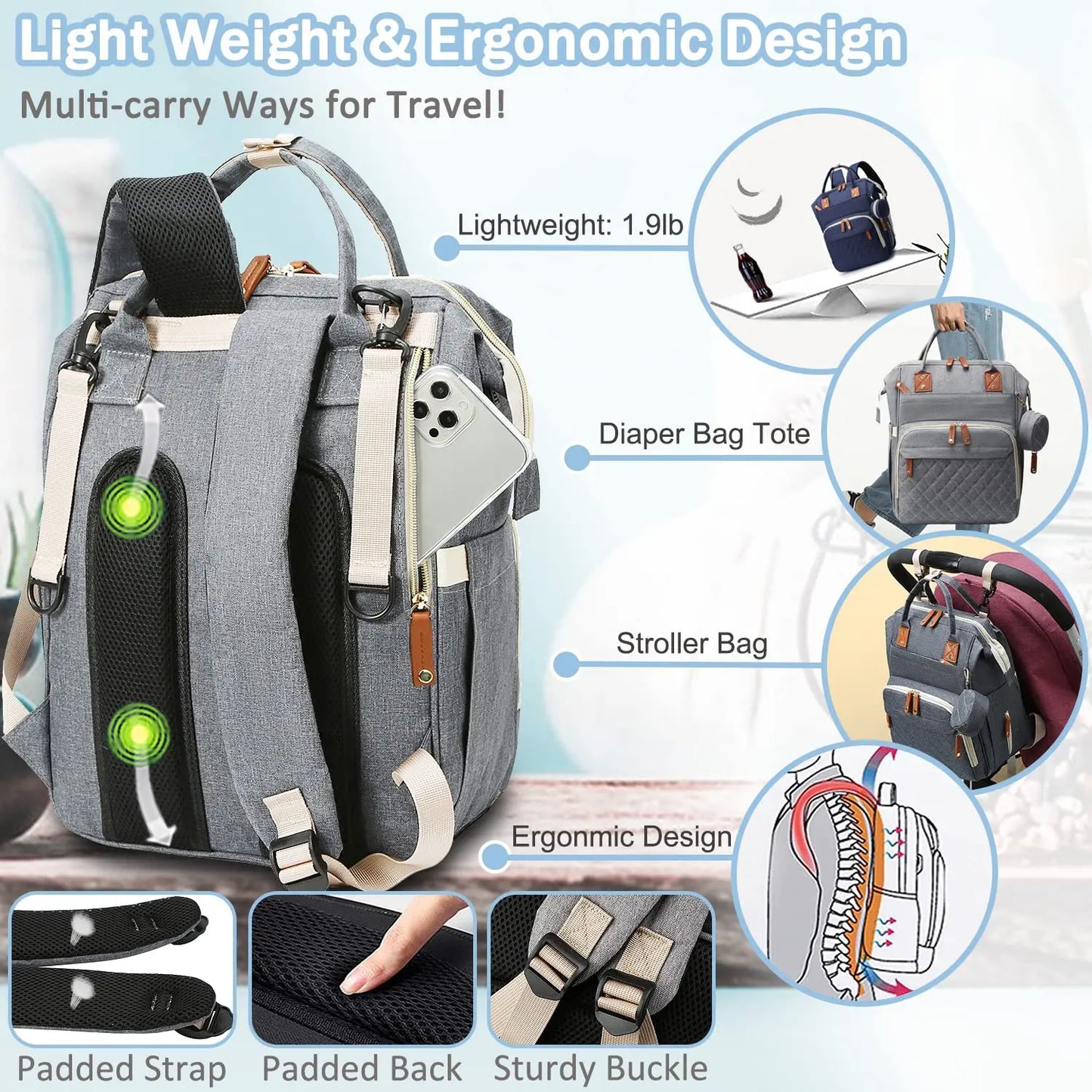 Versatile Diaper Bag Backpack with Changing Pad & Pacifier Case for Parents 4