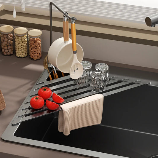 Versatile Foldable Drain Rack - Adjustable Kitchen Sink Organizer with Towel Bar 0