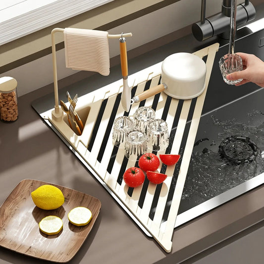 Versatile Foldable Drain Rack - Adjustable Kitchen Sink Organizer with Towel Bar 2