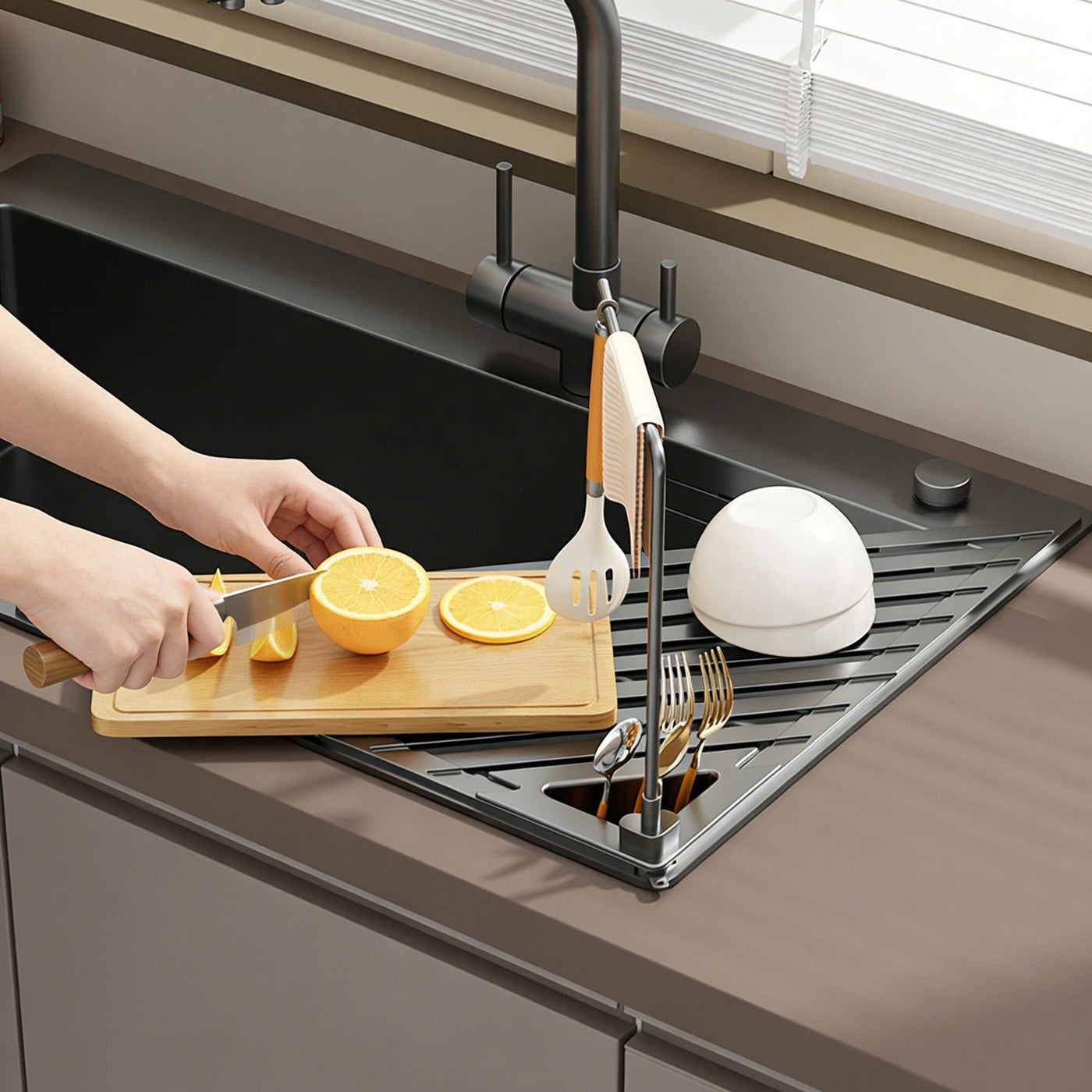 Versatile Foldable Drain Rack - Adjustable Kitchen Sink Organizer with Towel Bar 5