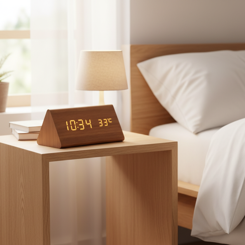 Voice-Controlled LED Alarm Clock with Adjustable Brightness and Wooden Design 3