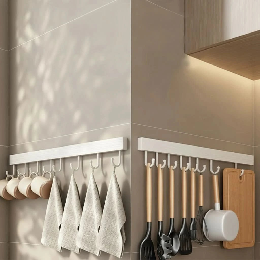 Wall-Mounted Utensil Hooks Rack - Space-Saving Kitchen Organizer with No-Punch Installation 0