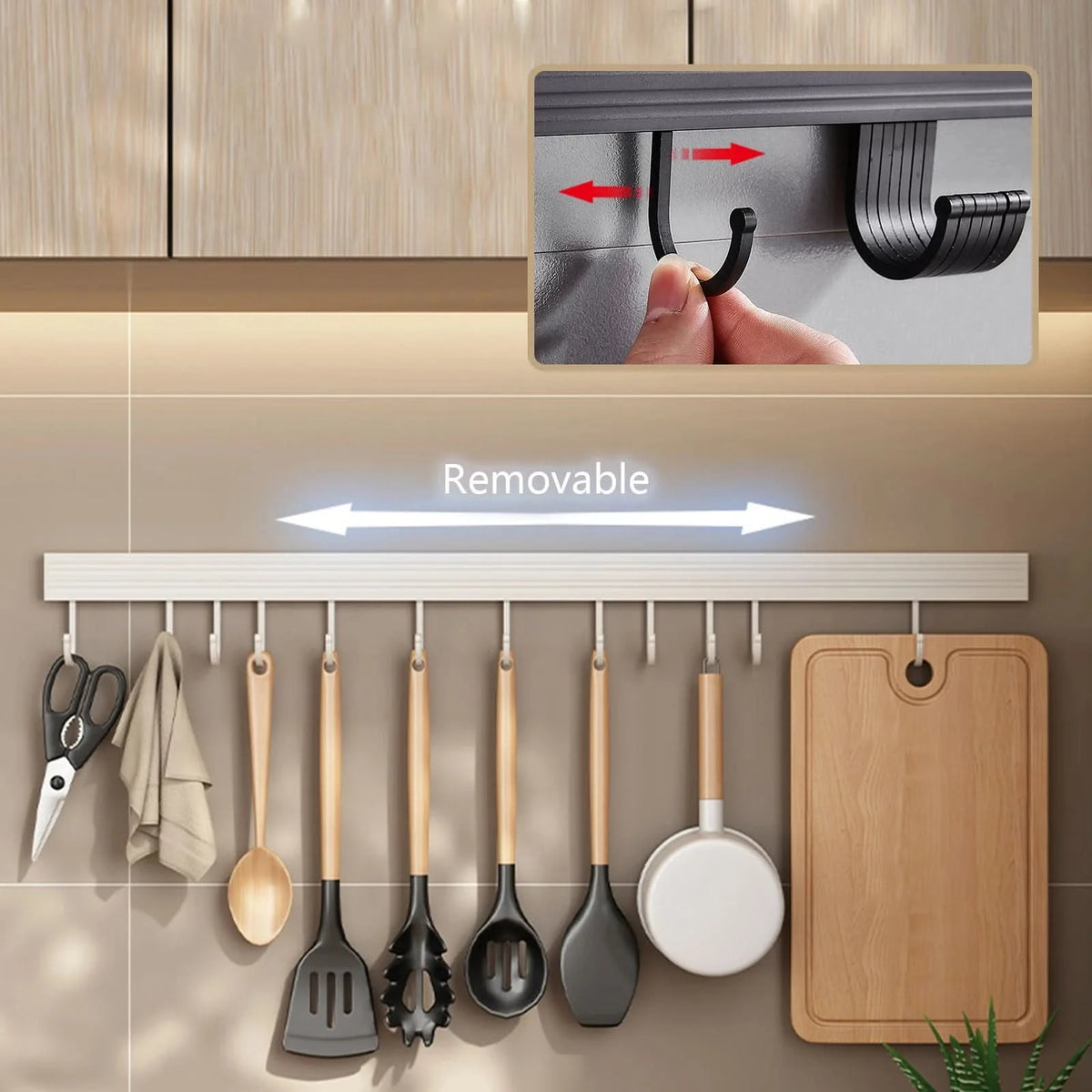 Wall-Mounted Utensil Hooks Rack - Space-Saving Kitchen Organizer with No-Punch Installation 1