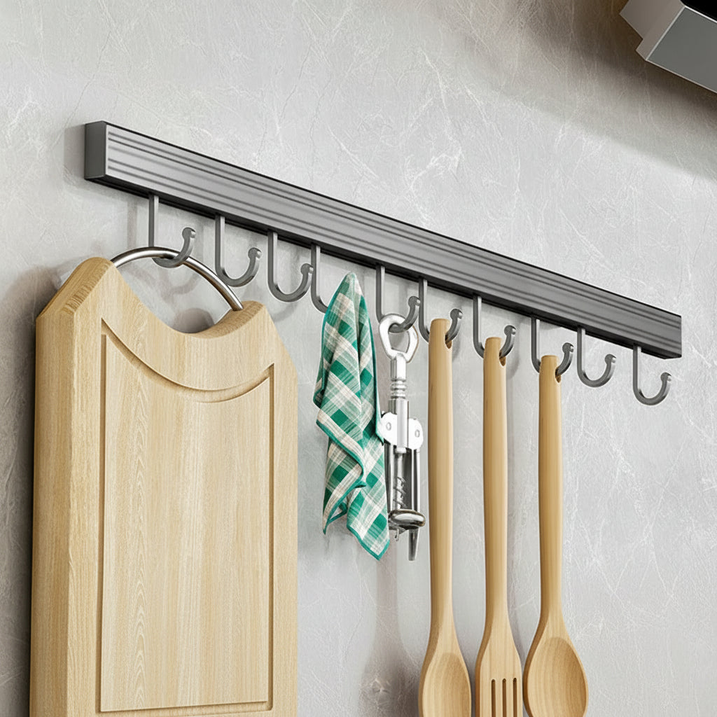Wall-Mounted Utensil Hooks Rack - Space-Saving Kitchen Organizer with No-Punch Installation 13