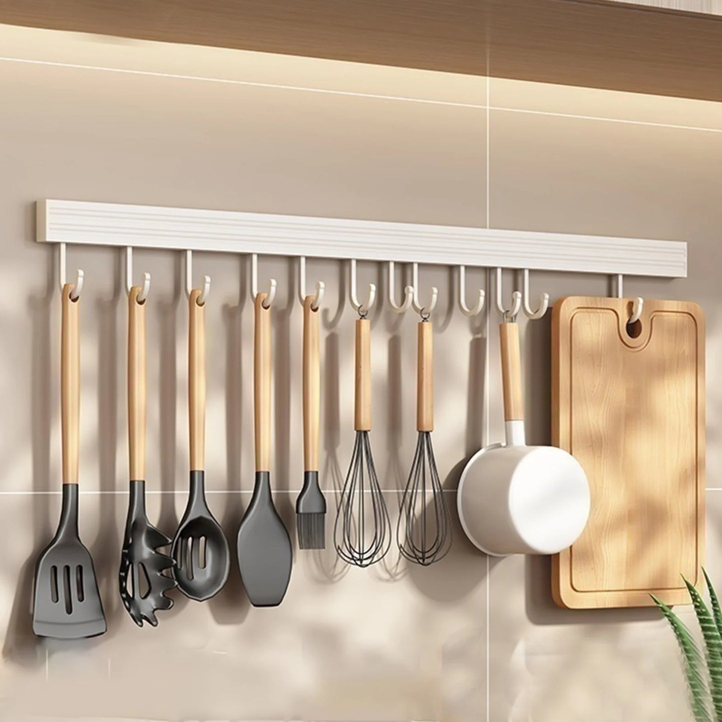 Wall-Mounted Utensil Hooks Rack - Space-Saving Kitchen Organizer with No-Punch Installation 2